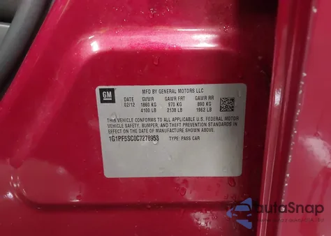 2012 Chevrolet Cruze 1Lt z USA, uszkodzony, nr VIN 1G1PF5SC0C7278953